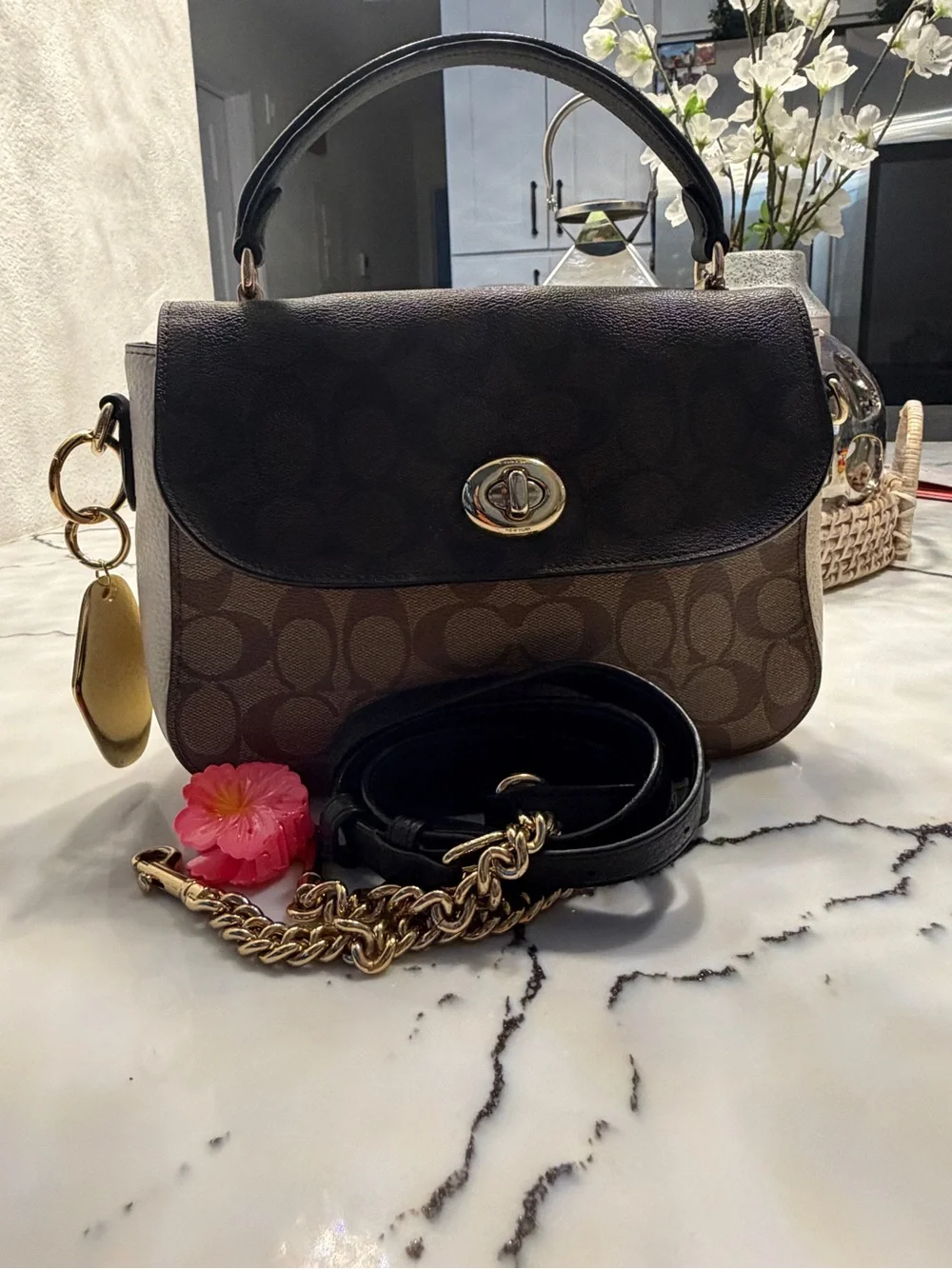 Coach Brown Signature Canvas Satchel with Black Flap and Gold Hardware